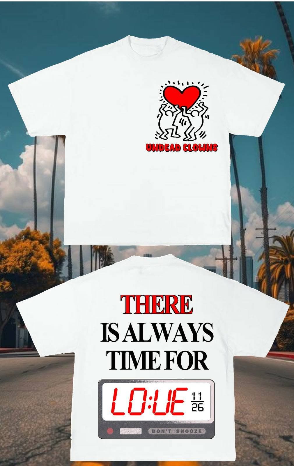 Front and back mockup of a white Undead Clowns T-shirt with red, black and white love-themed artwork.